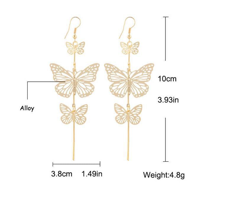 A pair of large, stylish butterfly earrings made from alloy, measuring 10cm by 3.8cm, showcasing intricate design and elegance.