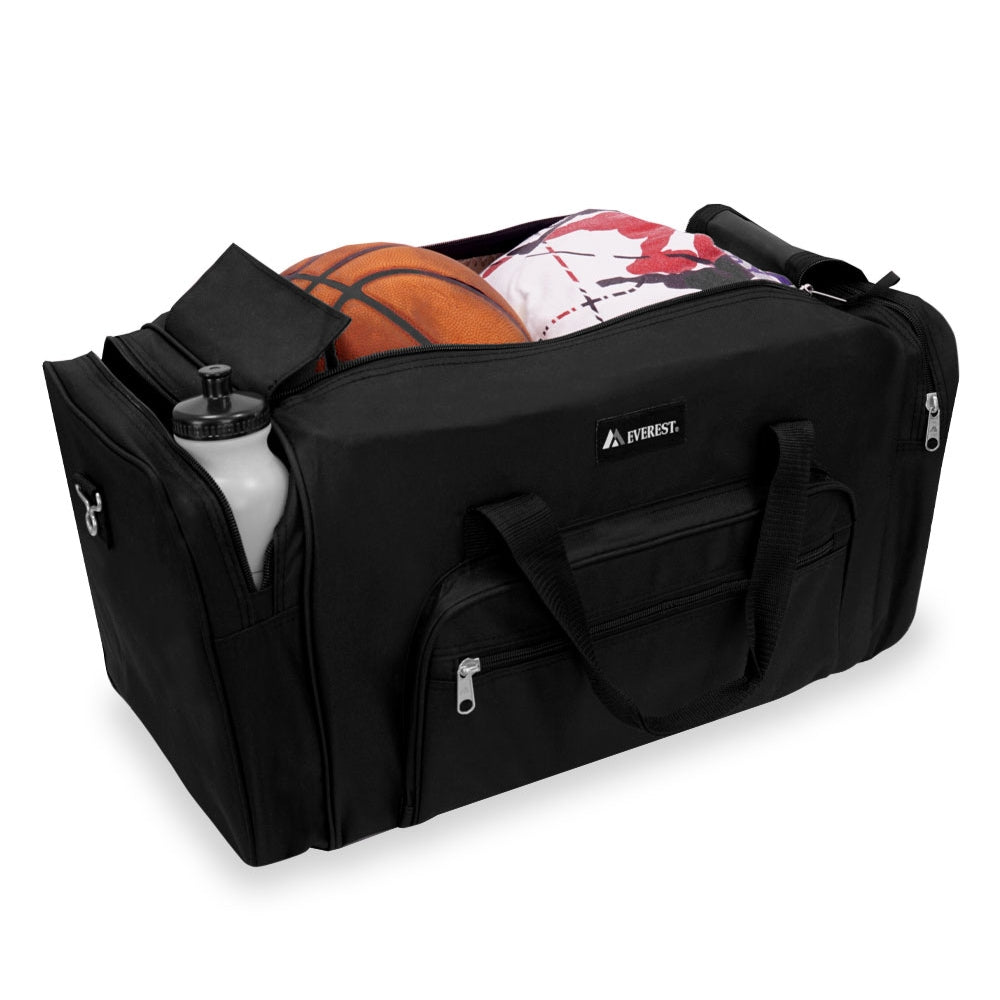 Small Classic Gear Duffel Bag in black with double zippered compartments and padded shoulder straps, ideal for travel and daily use.