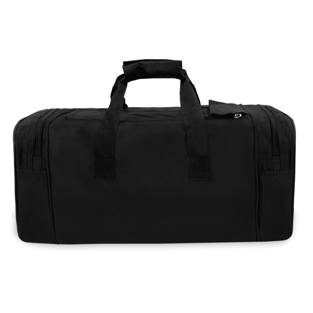 Small Classic Gear Duffel Bag in black with double zippered compartments and padded shoulder straps, ideal for travel and daily use.