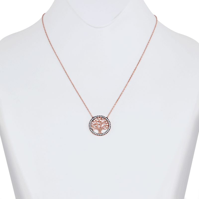 Small Tree of Life Necklace in Silver with CZ crystal pendant, showcasing its elegant design and craftsmanship.