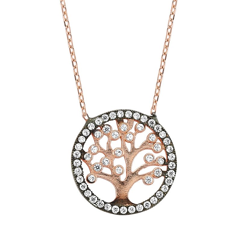 Small Tree of Life Necklace in Silver with CZ crystal pendant, showcasing its elegant design and craftsmanship.