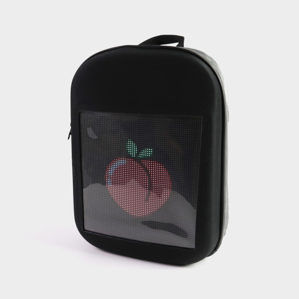 Smart LED Backpack with customizable LED display showcasing vibrant messages and images.