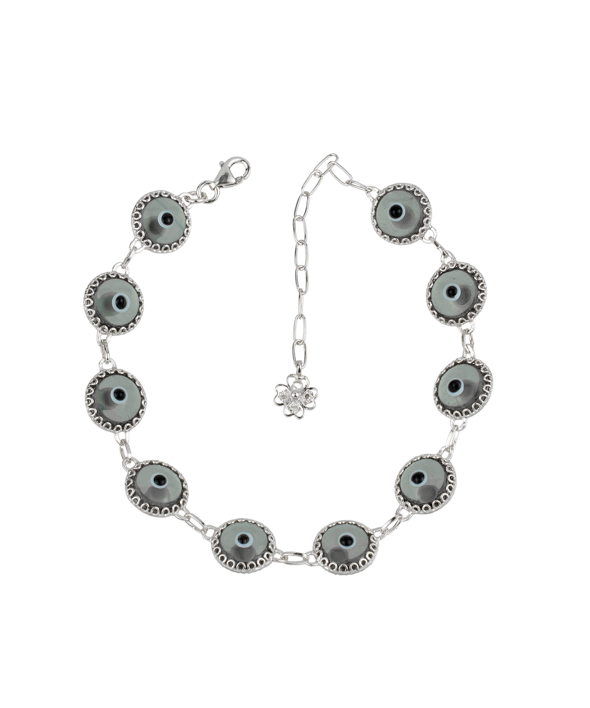 Smokey Evil Eye Woman Sterling Silver Adjustable Link Bracelet featuring a strong rolo chain and ten beads wrapped in silver prongs.