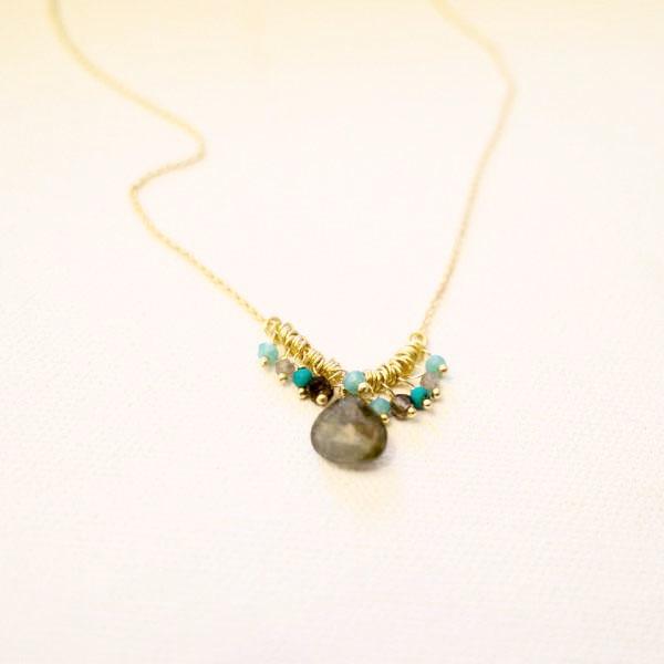 A beautiful Smoky Quartz Drop Necklace featuring a smoky quartz drop and aquamarine petite beads on an 18-inch gold chain.