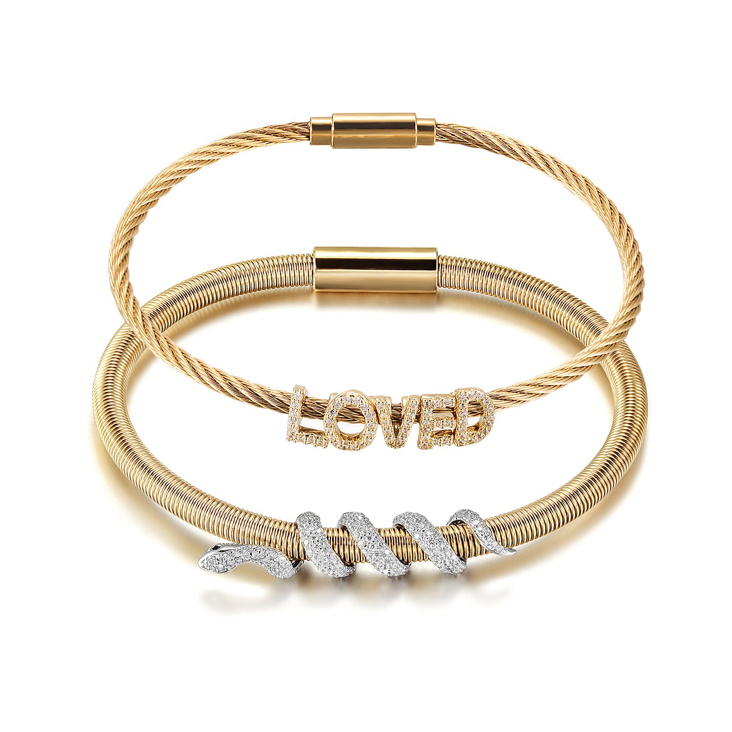 Snake Coiled Loved Pavé Bangle Set featuring cubic zirconia accents and a magnetic closure, elegantly displayed in a gift box.