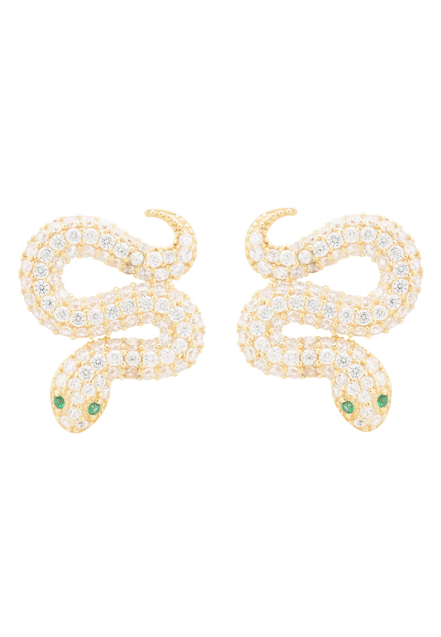 Gold snake coiled stud earrings with cubic zirconia and green zirconia eyes, elegantly designed for animal-inspired jewelry lovers.