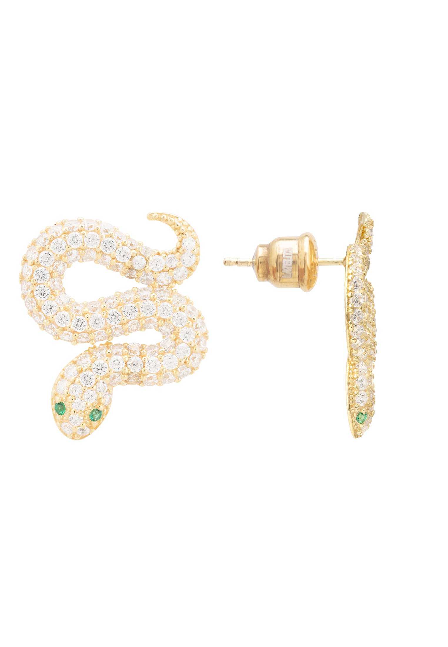 Gold snake coiled stud earrings with cubic zirconia and green zirconia eyes, elegantly designed for animal-inspired jewelry lovers.