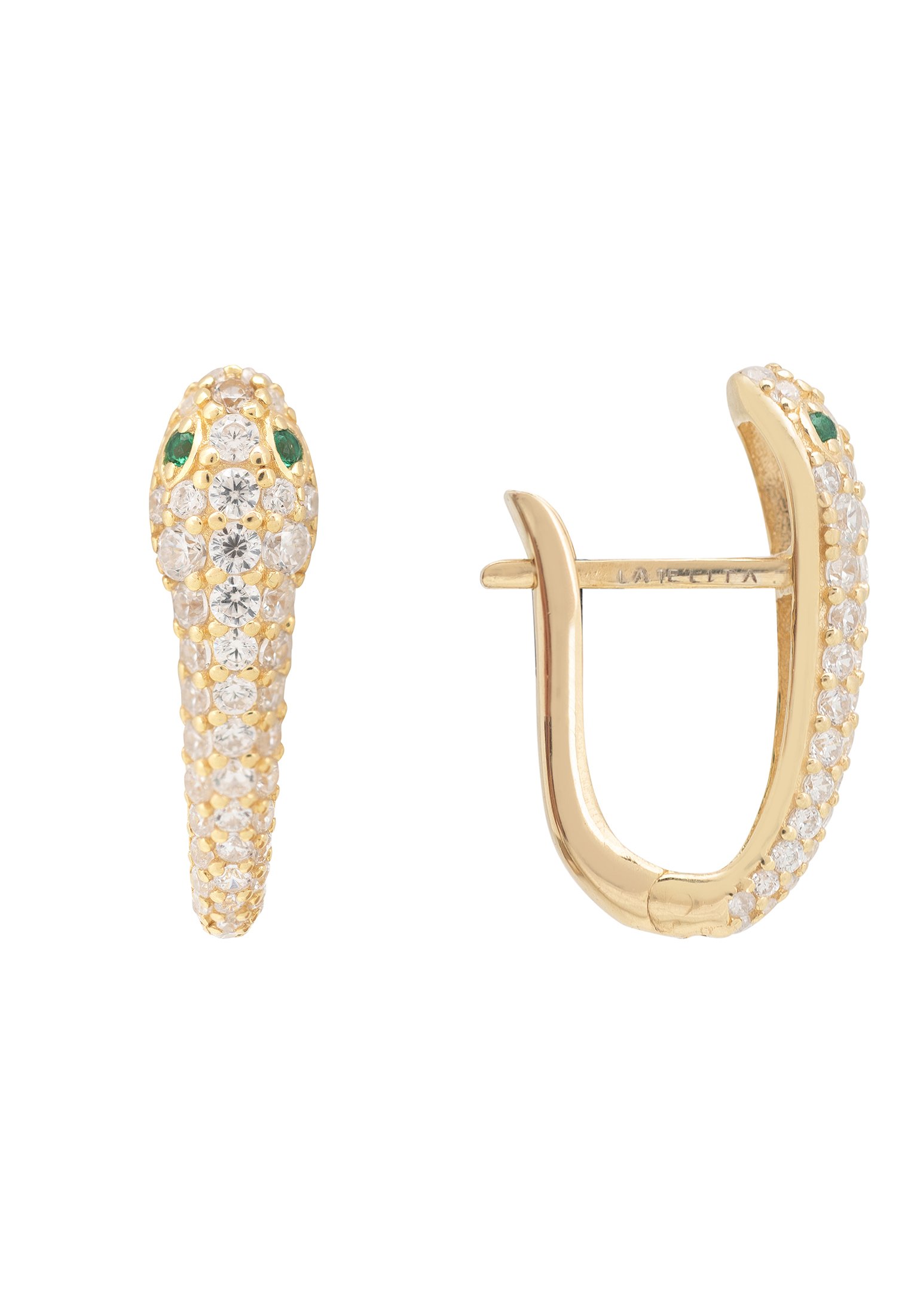 Elegant gold snake huggie hoop earrings with white zirconia and green zircon eyes, designed to hug the earlobe.