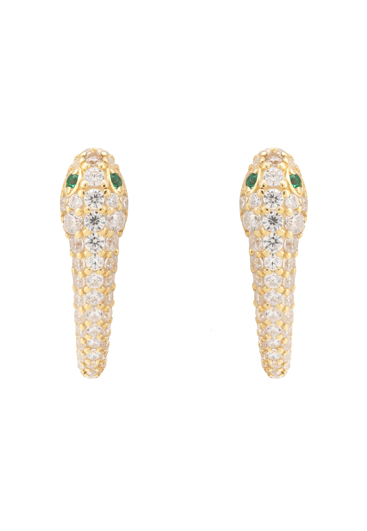 Elegant gold snake huggie hoop earrings with white zirconia and green zircon eyes, designed to hug the earlobe.