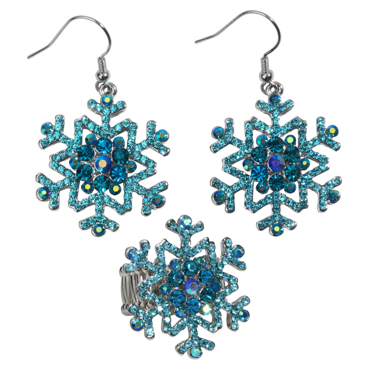 Elegant blue and white snowflake earrings and ring set, perfect for Christmas and holiday celebrations, featuring sparkling crystals.