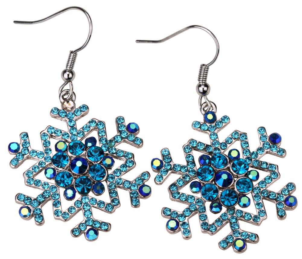 Elegant blue and white snowflake earrings and ring set, perfect for Christmas and holiday celebrations, featuring sparkling crystals.