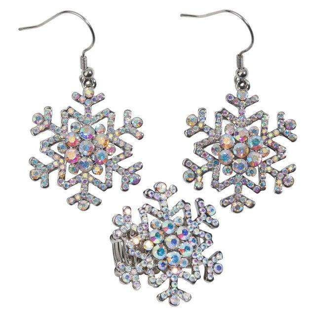 Elegant blue and white snowflake earrings and ring set, perfect for Christmas and holiday celebrations, featuring sparkling crystals.