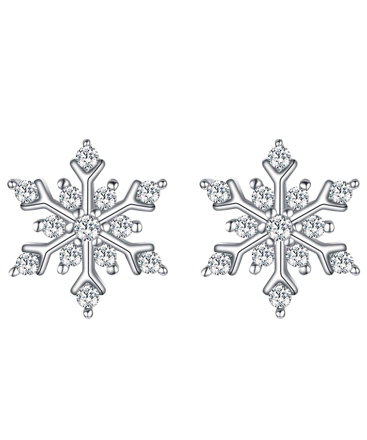 Elegant Snowflake for Winter Pave Stud Earrings designed in Italy, featuring 18K white gold plating and embellished with sparkling Austrian crystals.