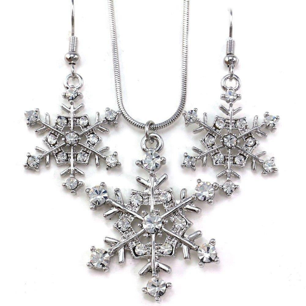 Snowflake Winter Clear Crystal Necklace Earring Set featuring a delicate snowflake design with clear crystals, rhodium plated for durability.