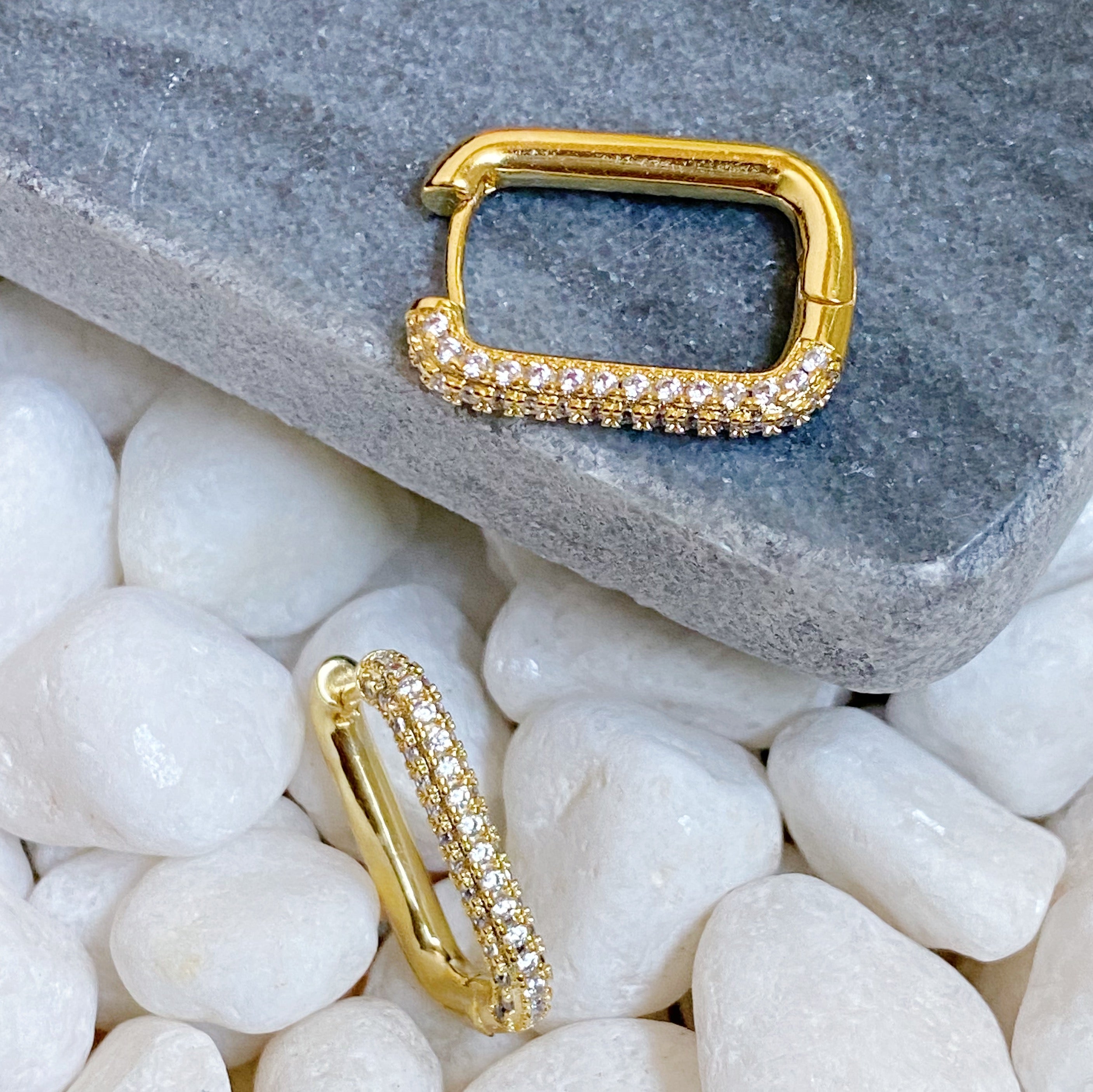 So Chic Hoop Earrings in sparkling rectangle shape, gold plated brass with cubic zirconia, perfect for everyday and dressy occasions.