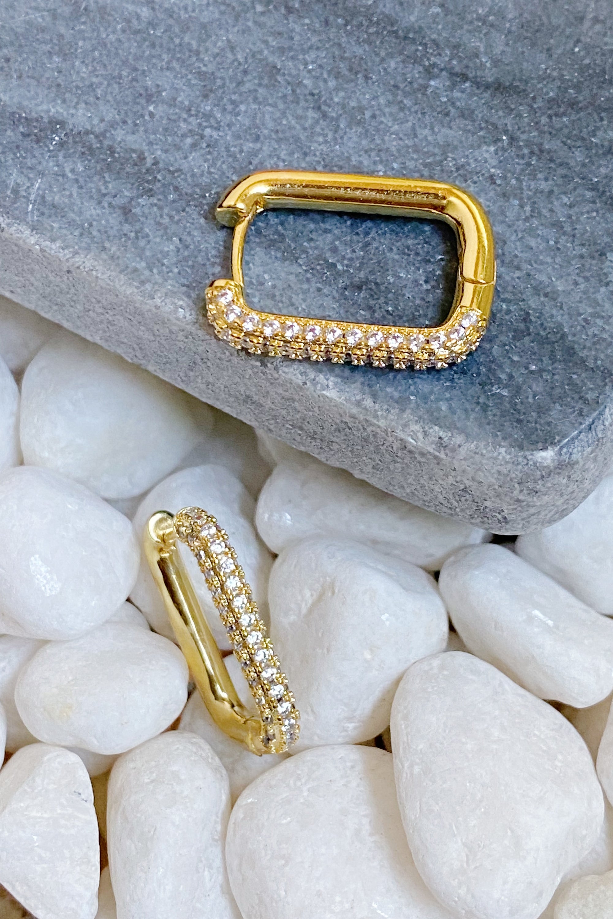 So Chic Hoop Earrings in sparkling rectangle shape, gold plated brass with cubic zirconia, perfect for everyday and dressy occasions.