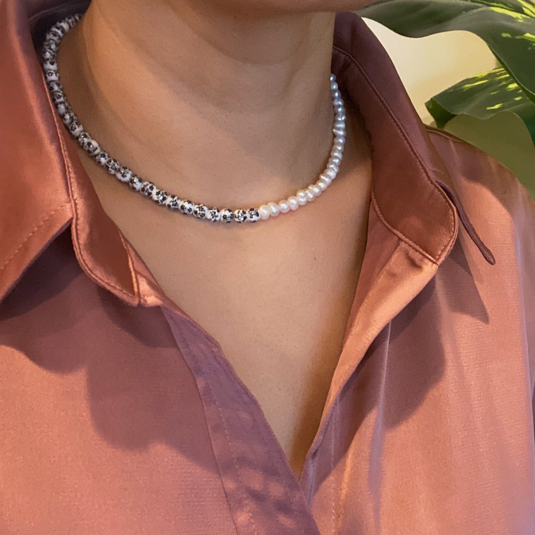 So Fresh Pearl and Porcelain Choker Necklace featuring freshwater pearls and ceramic beads, elegantly designed with gold plated stainless steel accents.