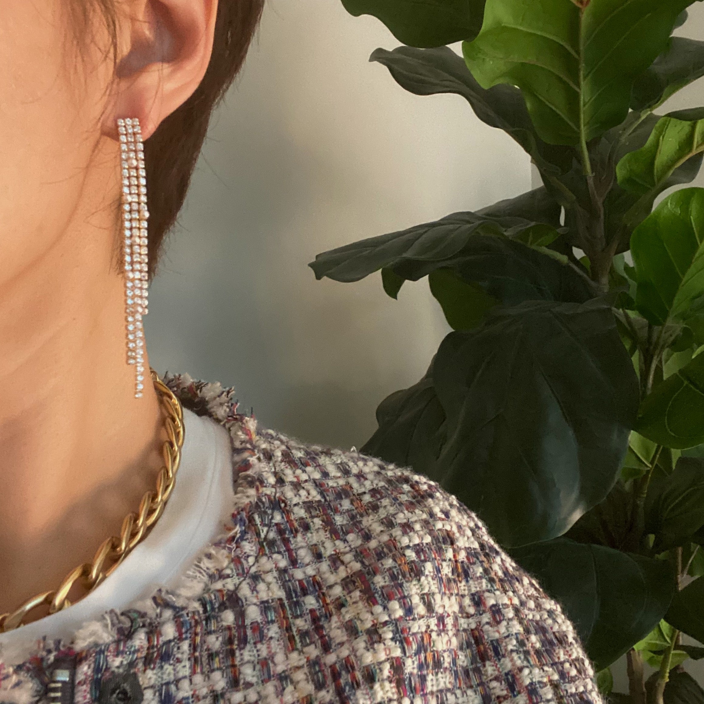 So Influencer Earrings featuring three sparkly strands and tiny glass pearls, elegantly designed for a stylish statement.