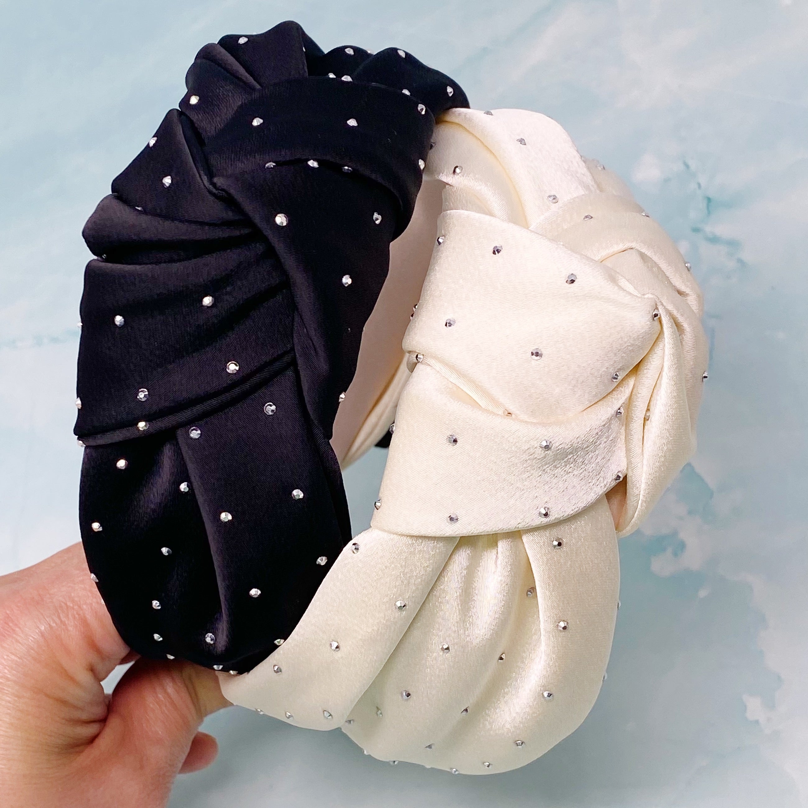 So Satin Knotted Headband featuring silky fabric and muted shiny beads, designed for comfort and elegance.