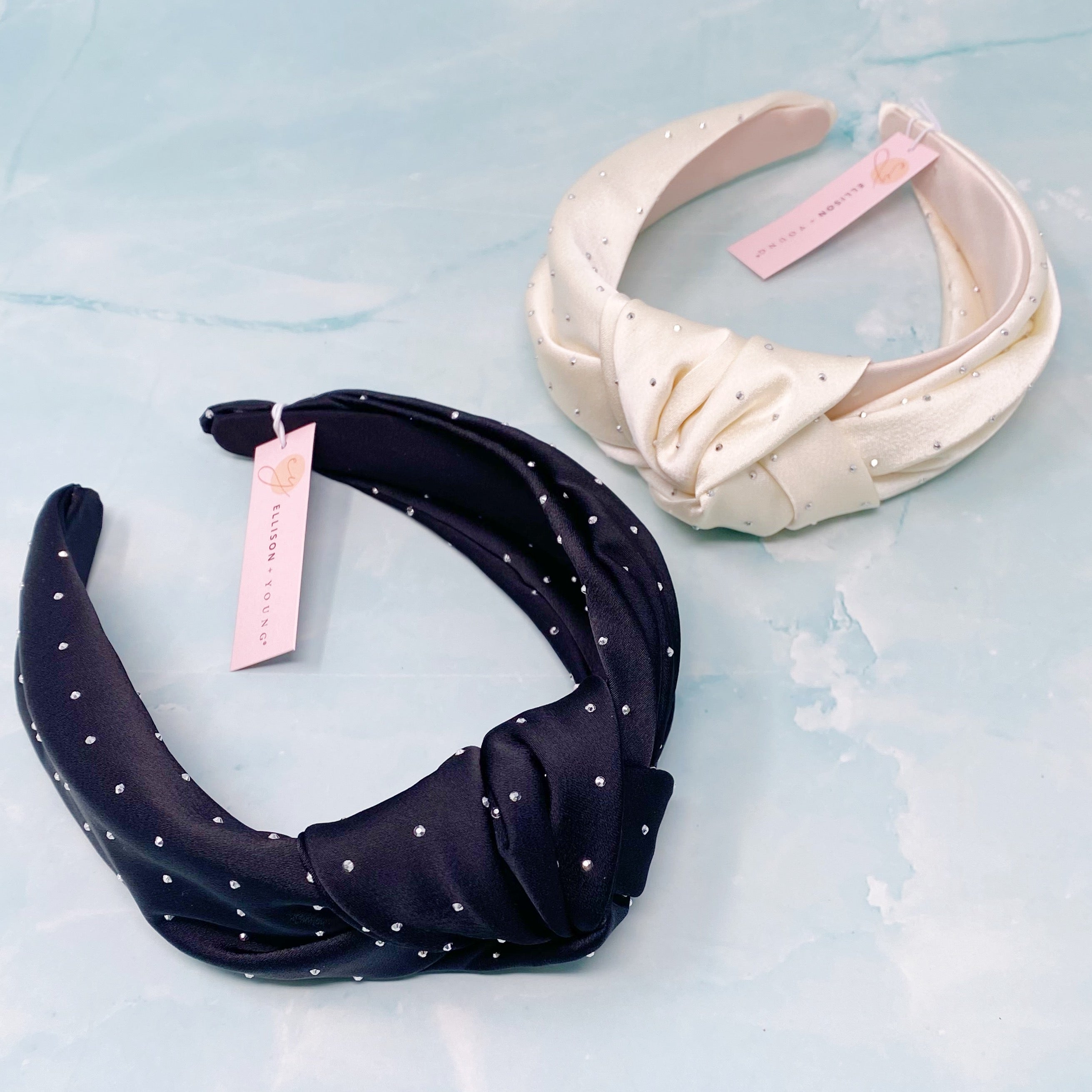 So Satin Knotted Headband featuring silky fabric and muted shiny beads, designed for comfort and elegance.