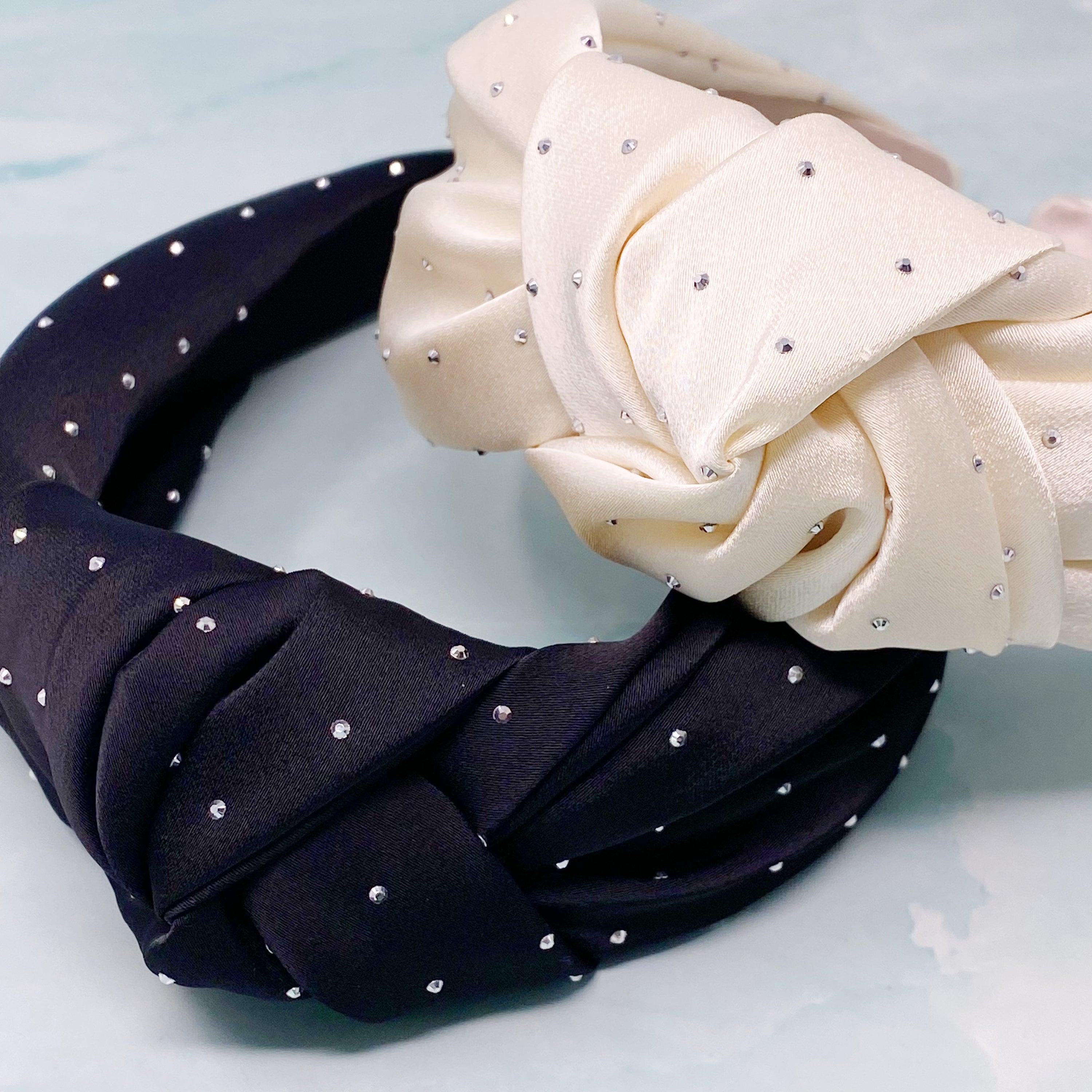 So Satin Knotted Headband featuring silky fabric and muted shiny beads, designed for comfort and elegance.