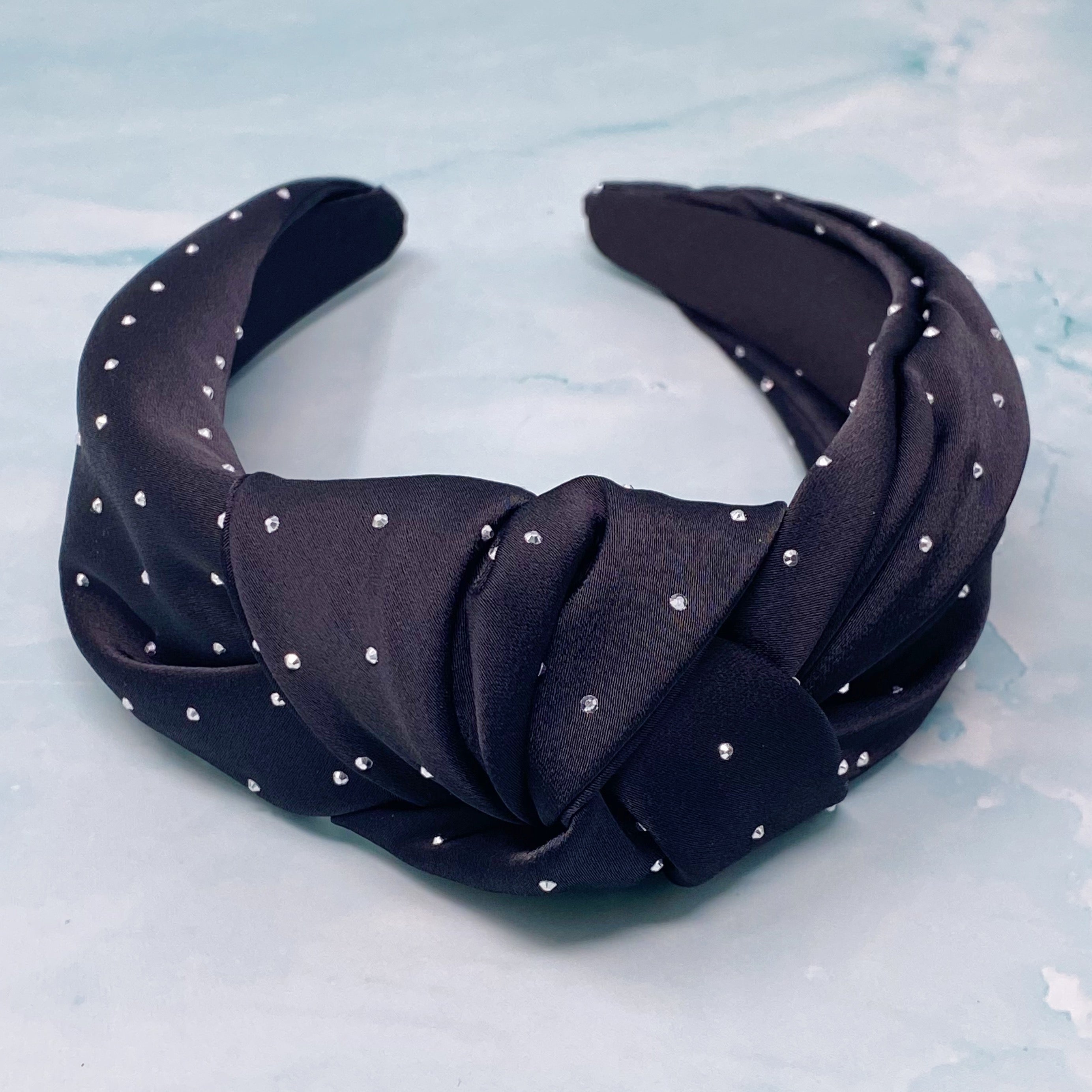 So Satin Knotted Headband featuring silky fabric and muted shiny beads, designed for comfort and elegance.