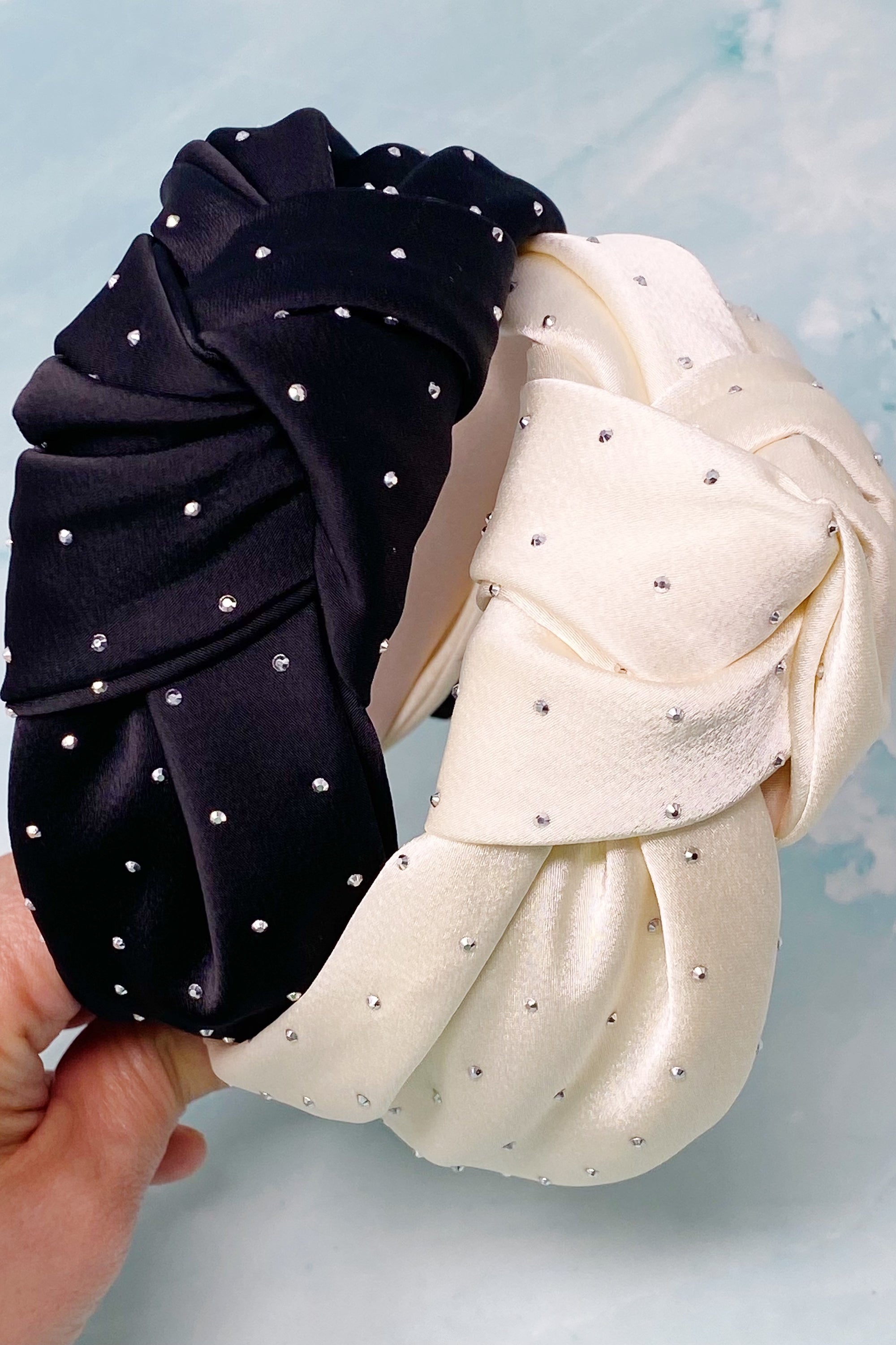 So Satin Knotted Headband featuring silky fabric and muted shiny beads, designed for comfort and elegance.