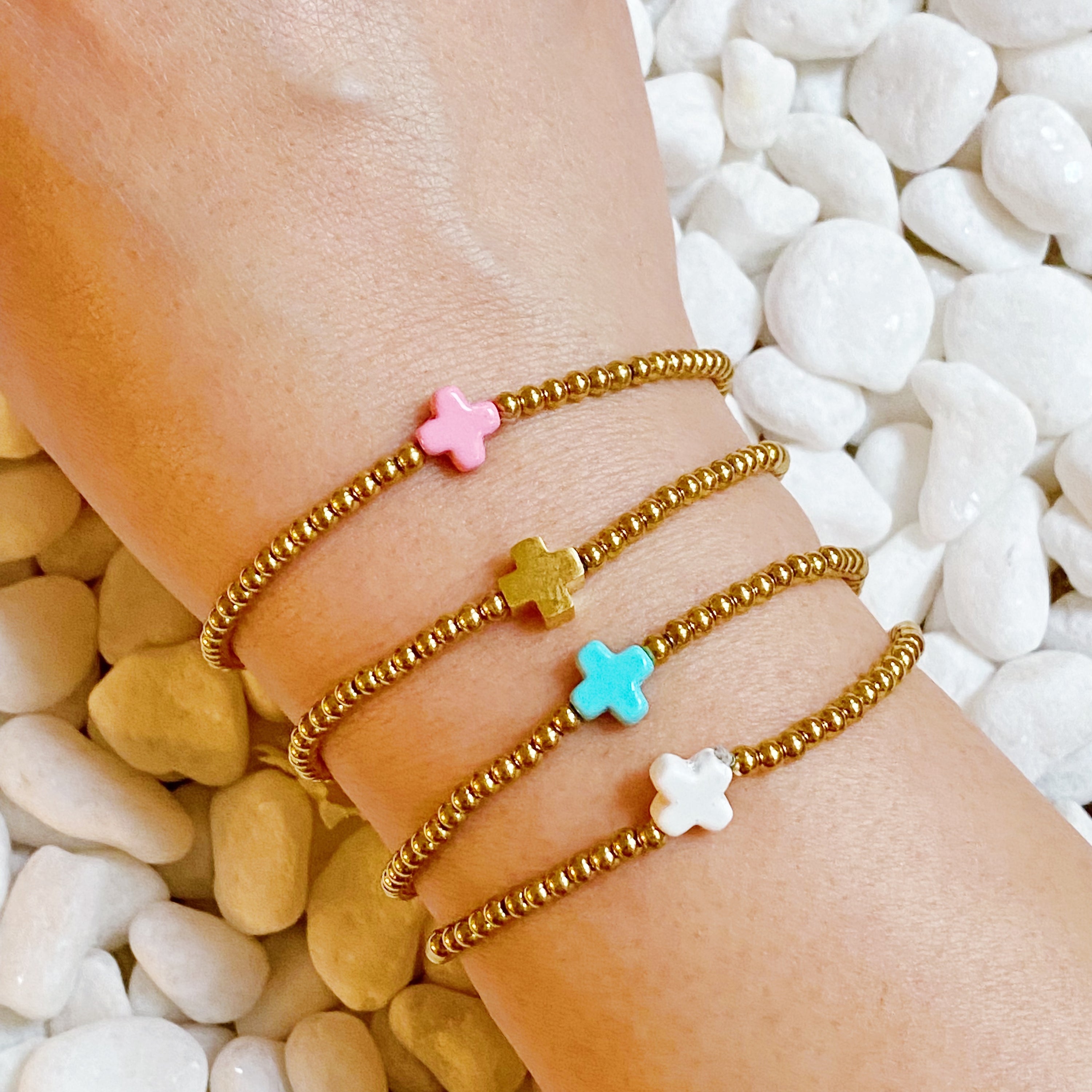 So Very Blessed Cross Bracelet featuring colorful natural stone beads and a gold plated brass cross.