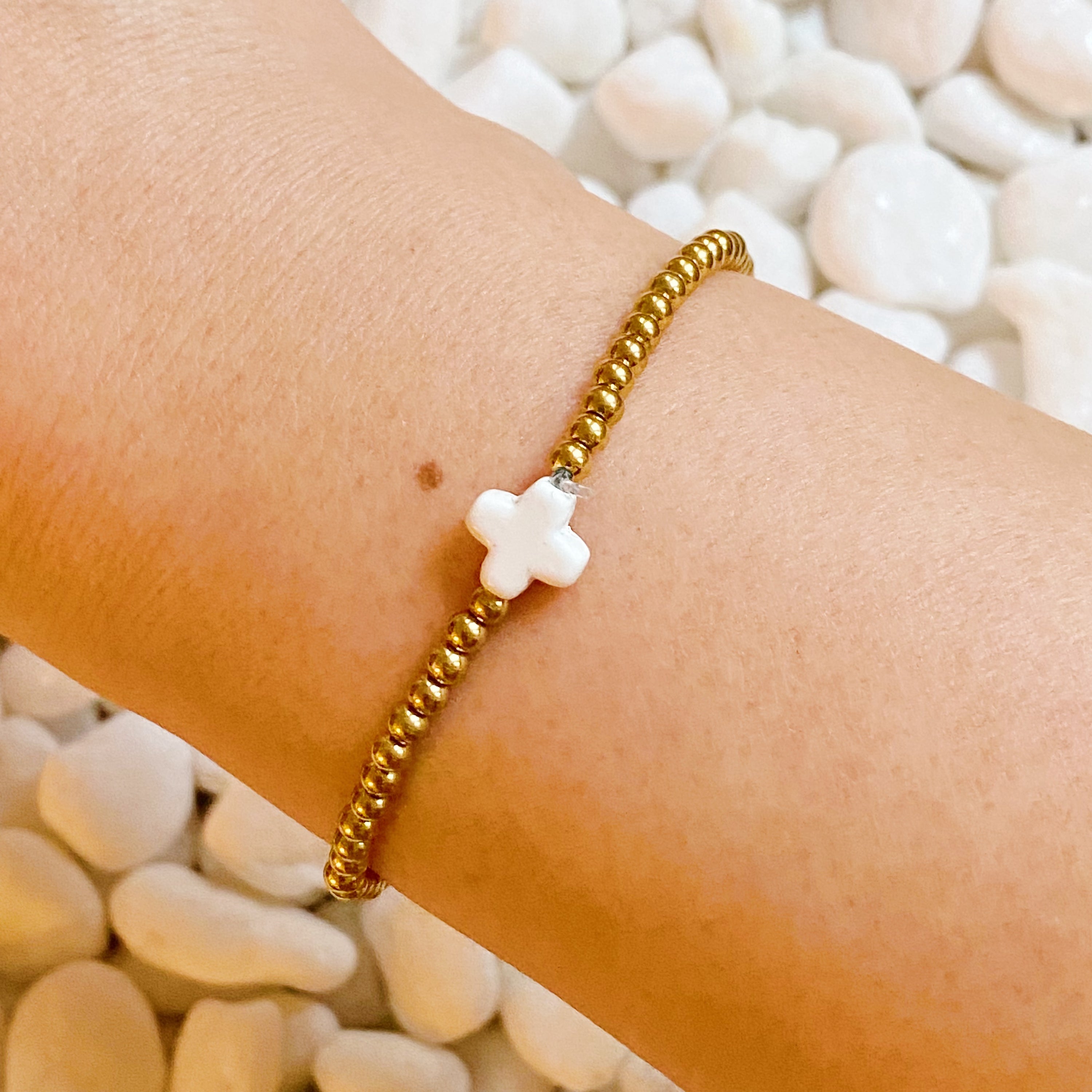 So Very Blessed Cross Bracelet featuring colorful natural stone beads and a gold plated brass cross.