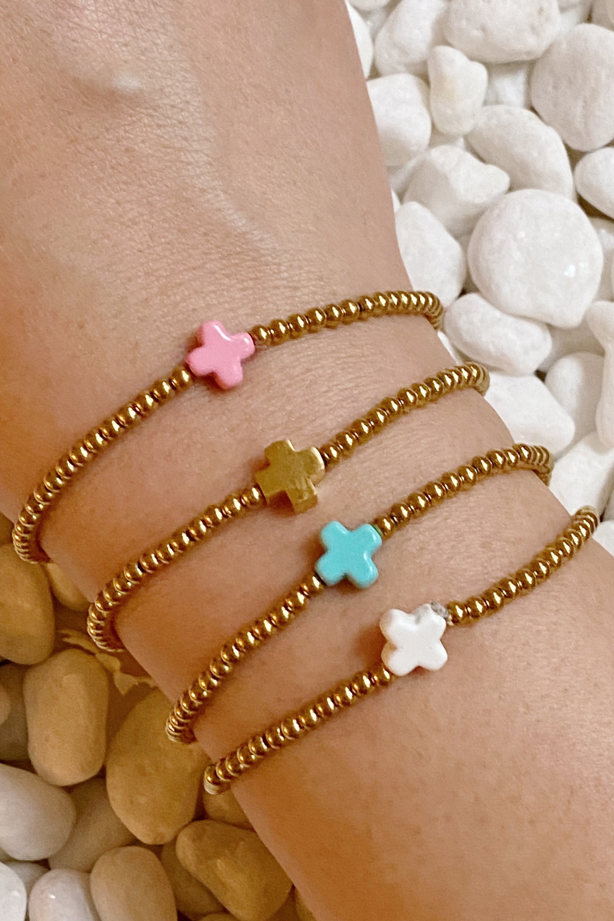 So Very Blessed Cross Bracelet featuring colorful natural stone beads and a gold plated brass cross.