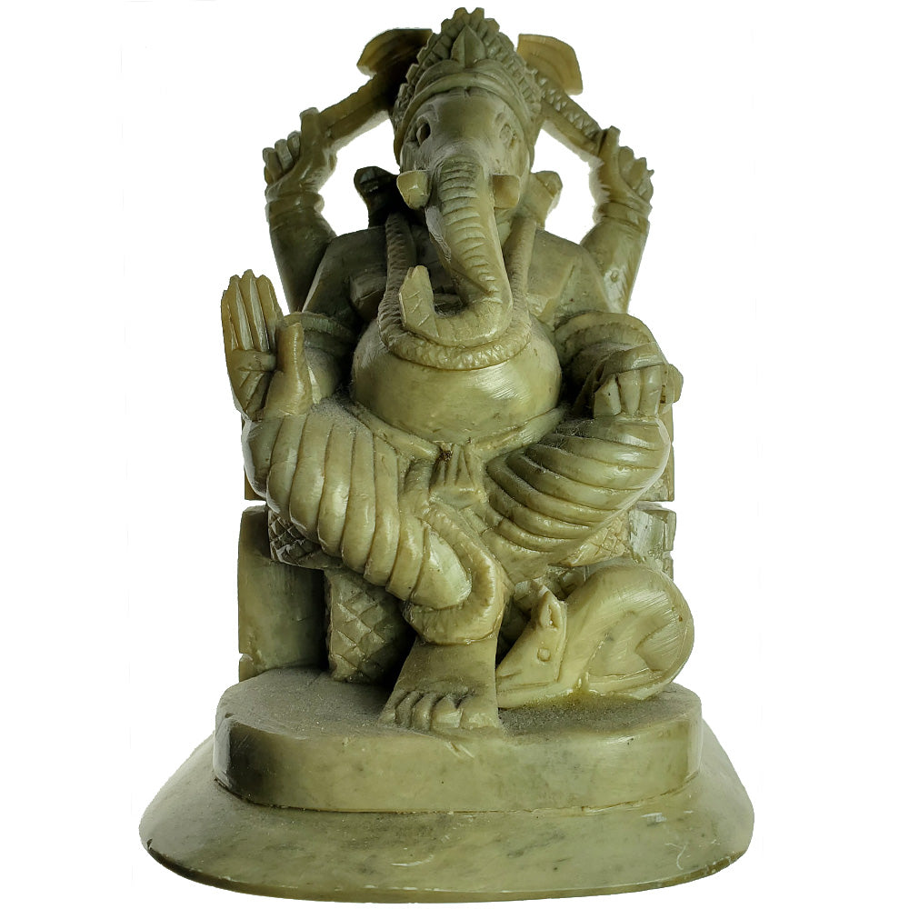 Handcrafted soapstone Ganesha statue, symbolizing new beginnings and prosperity, featuring intricate details and vibrant colors.