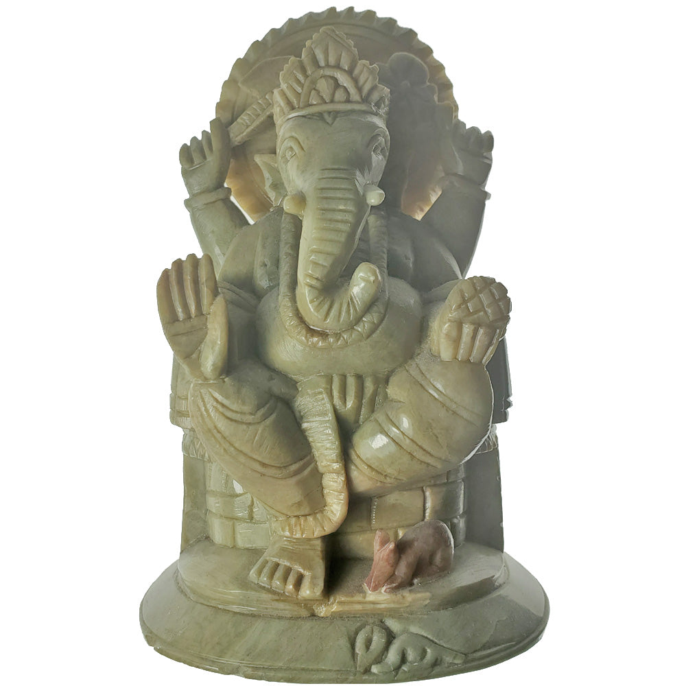 Handcrafted soapstone Ganesha statue, symbolizing new beginnings and prosperity, featuring intricate details and vibrant colors.