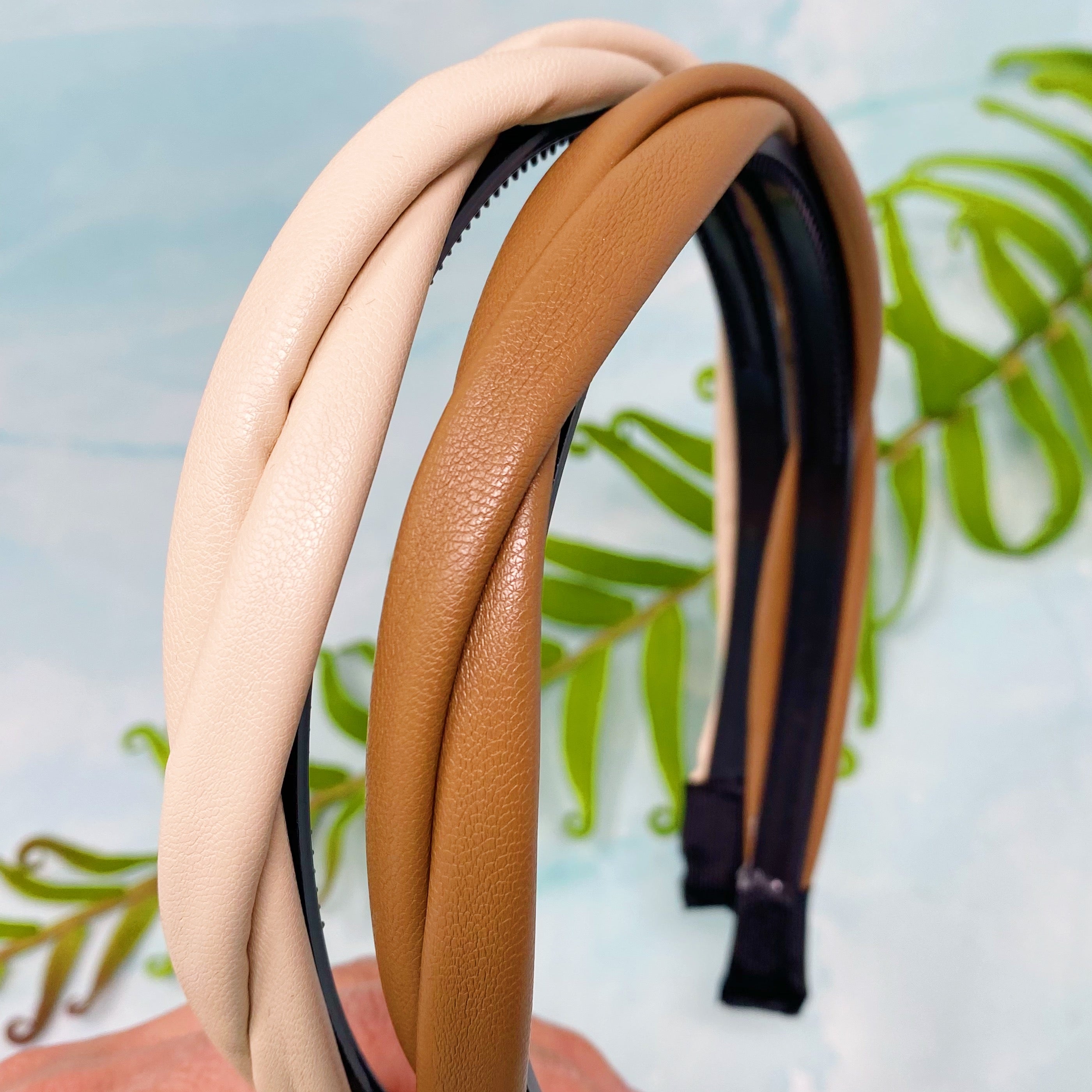 Soho Soft Daily Headband Set of 2 featuring vegan leather with a softly twisted design in neutral colors.