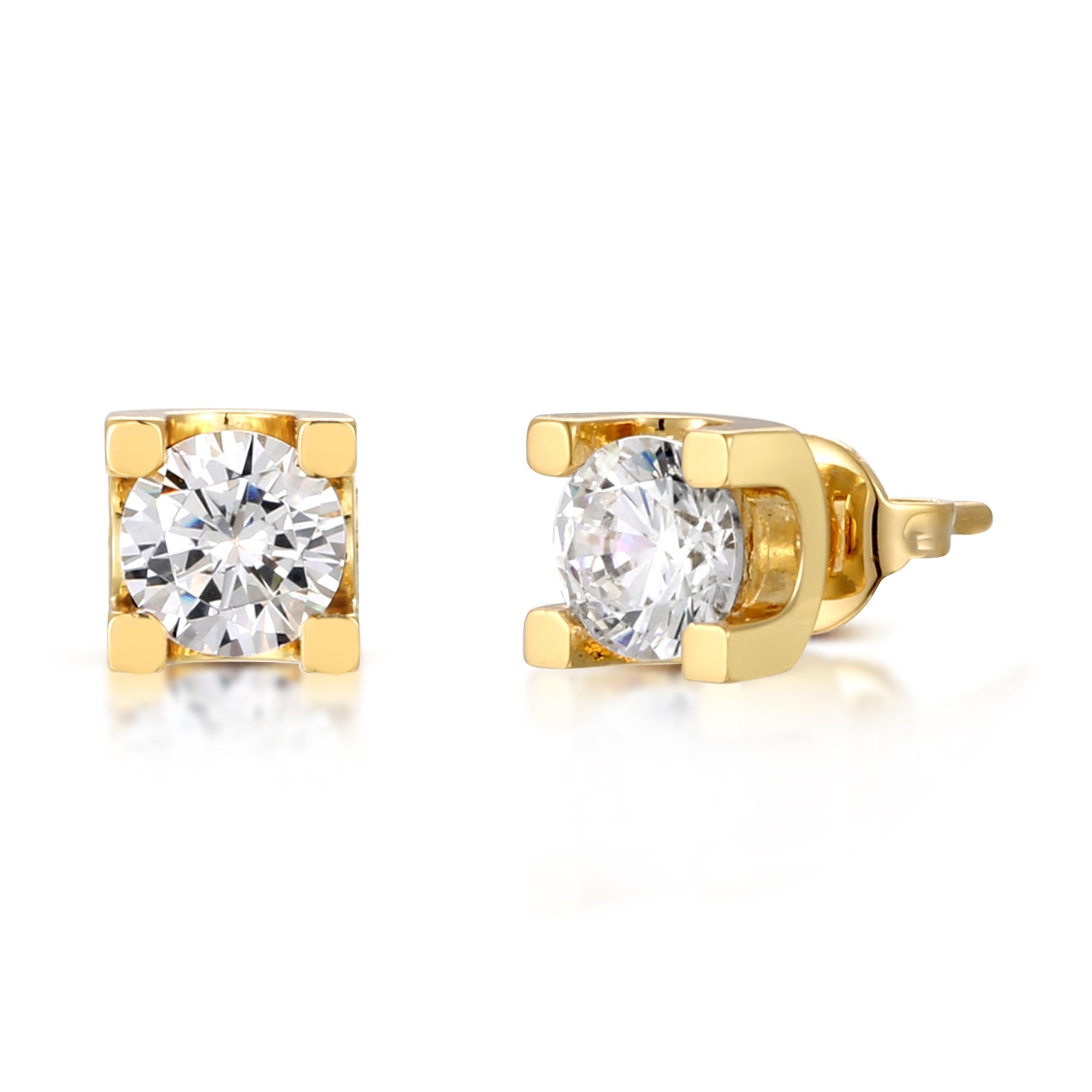 Solid 4 prong stud earrings made of 925 sterling silver with real 18K gold finish and white sapphire stone.