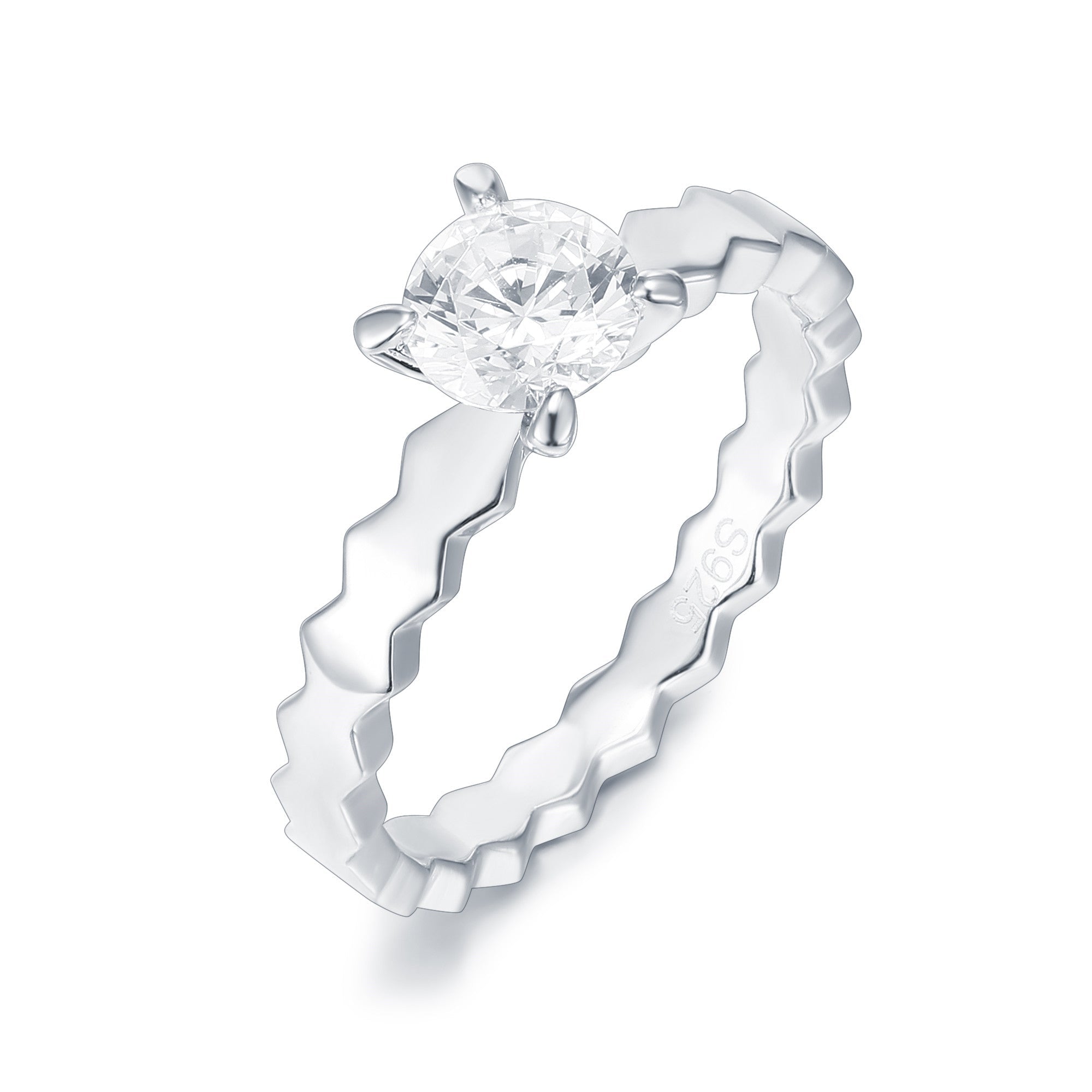 Solitaire Curve Band Fancy Ring featuring a white topaz gemstone set in 925 Sterling Silver with a white gold finish, elegantly displayed in a gift box.