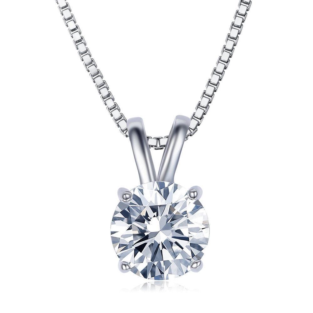 Elegant Solitaire Elements Classical Princess Cut Necklace in 18K White Gold with a sparkling white stone and link chain design.