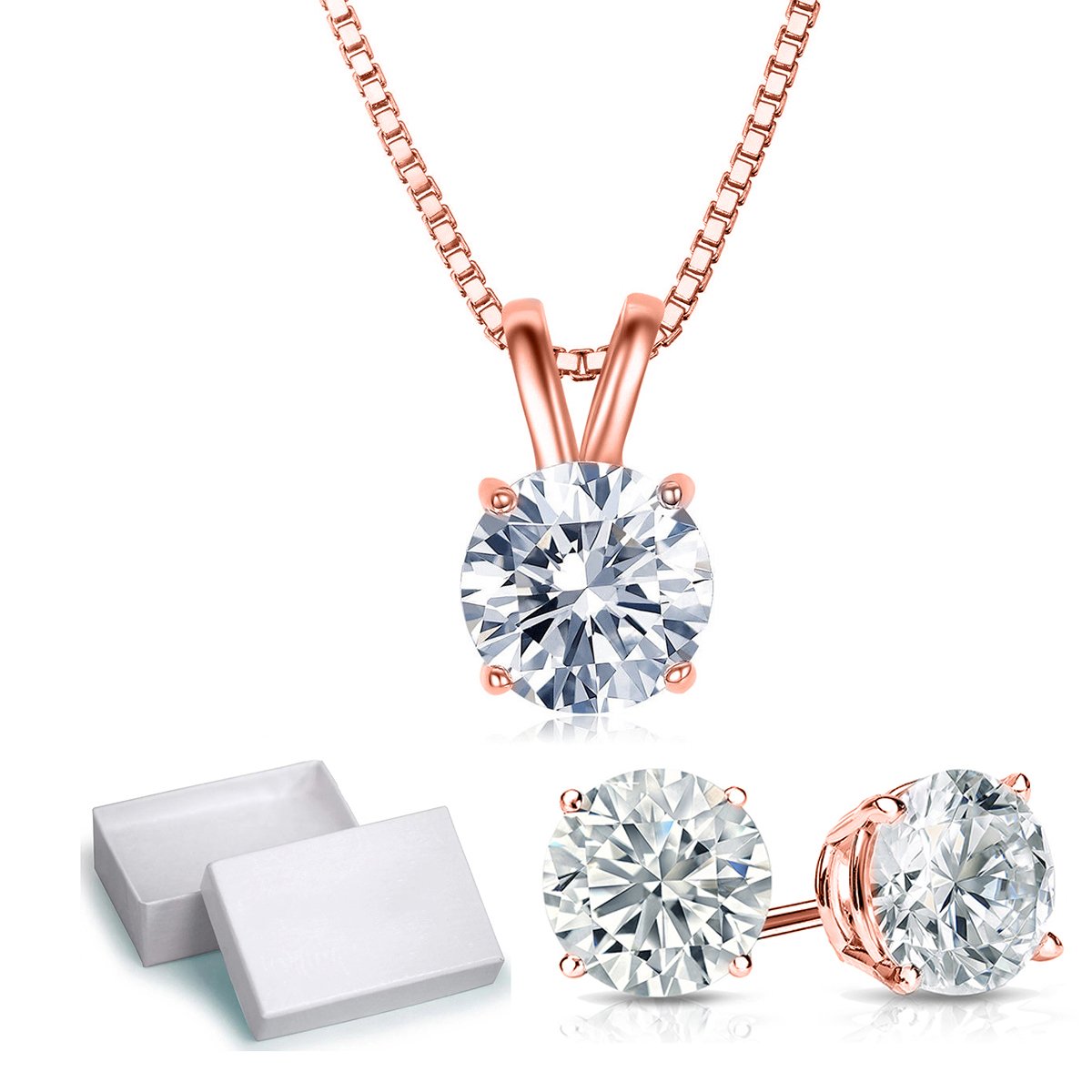 Elegant Solitaire Necklace and 4 Prong Earring set made with Austrian Crystals, featuring 18K rose gold plating, displayed in a luxe gift box.