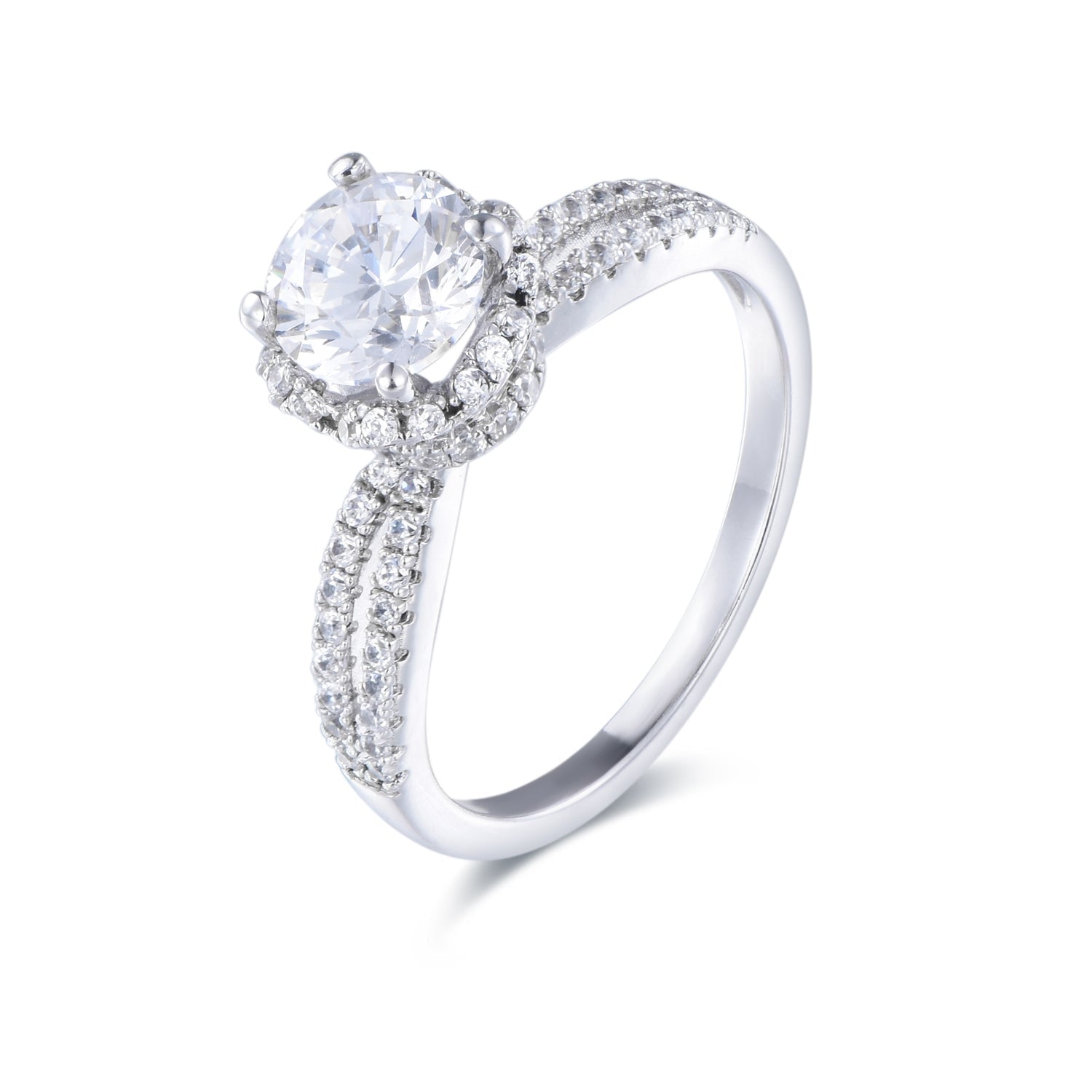 Elegant Solitaire round cut halo crown ring featuring a Lachouette white sapphire center stone and cubic zirconia accents, crafted in sterling silver with white gold finish.