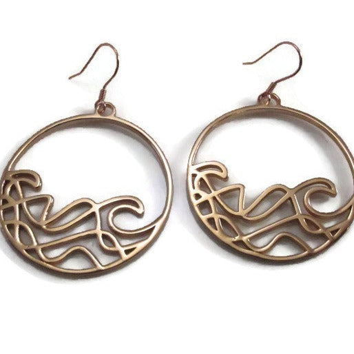 Sombrio Circle Surf Wave Earrings in sterling silver with wave design, showcasing their elegant circular shape and available plating options.