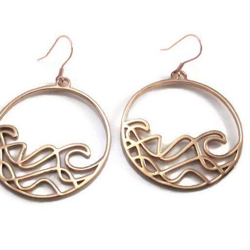 Sombrio Circle Surf Wave Earrings in sterling silver with wave design, showcasing their elegant circular shape and available plating options.