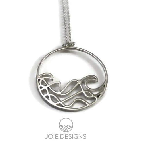 Sombrio Circle Surf Wave Necklace featuring a 925 sterling silver pendant with a wave design on a sterling silver cable chain.