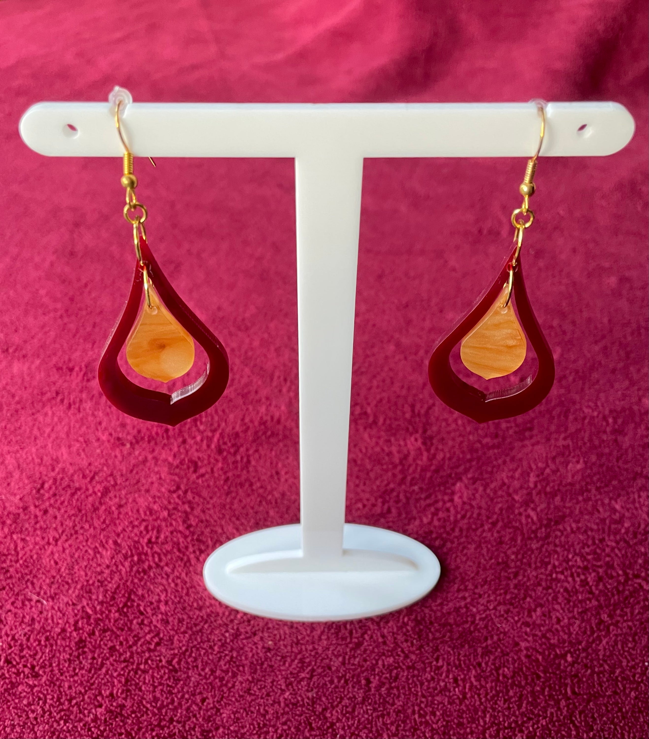 Sophia Earrings featuring maroon and caramel marble laser-cut acrylic design, measuring 7.5cm in height and 3cm in width.