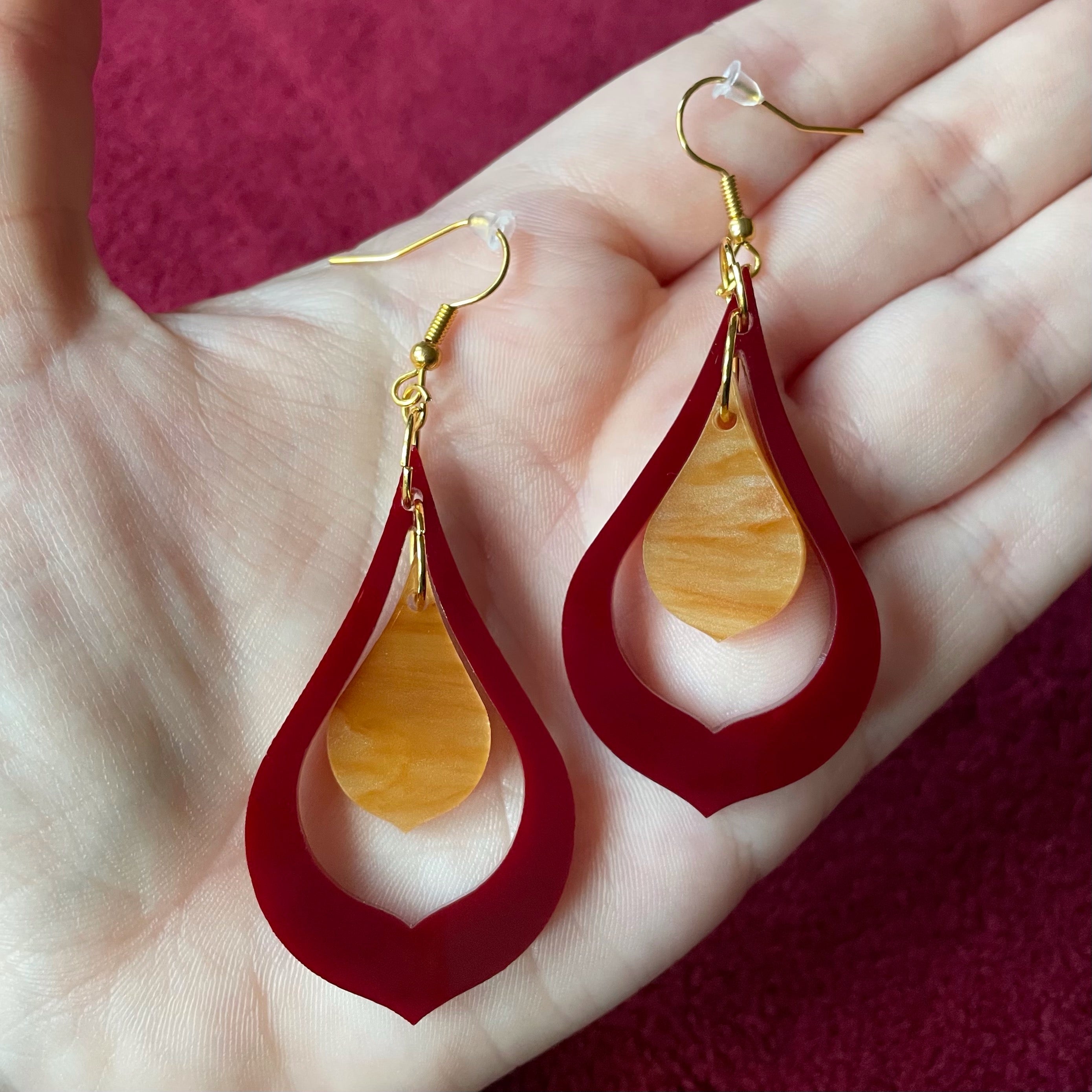 Sophia Earrings featuring maroon and caramel marble laser-cut acrylic design, measuring 7.5cm in height and 3cm in width.