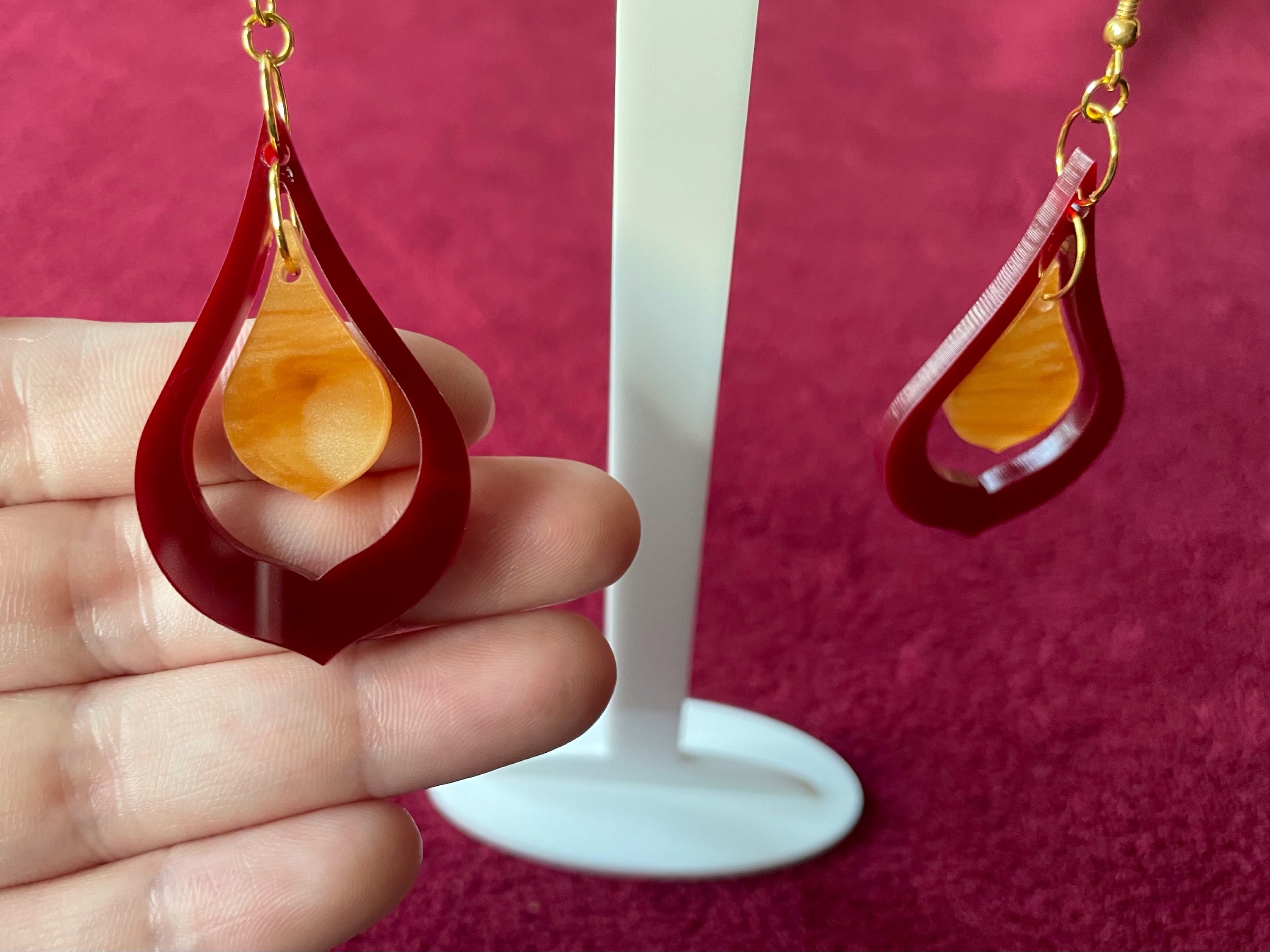 Sophia Earrings featuring maroon and caramel marble laser-cut acrylic design, measuring 7.5cm in height and 3cm in width.