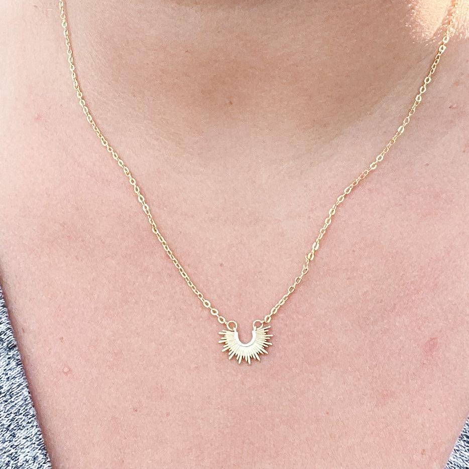 Sophie Half Sun Gold Filled and Sterling Silver Necklace, featuring a half sun design, 20 inches long, perfect for everyday wear.