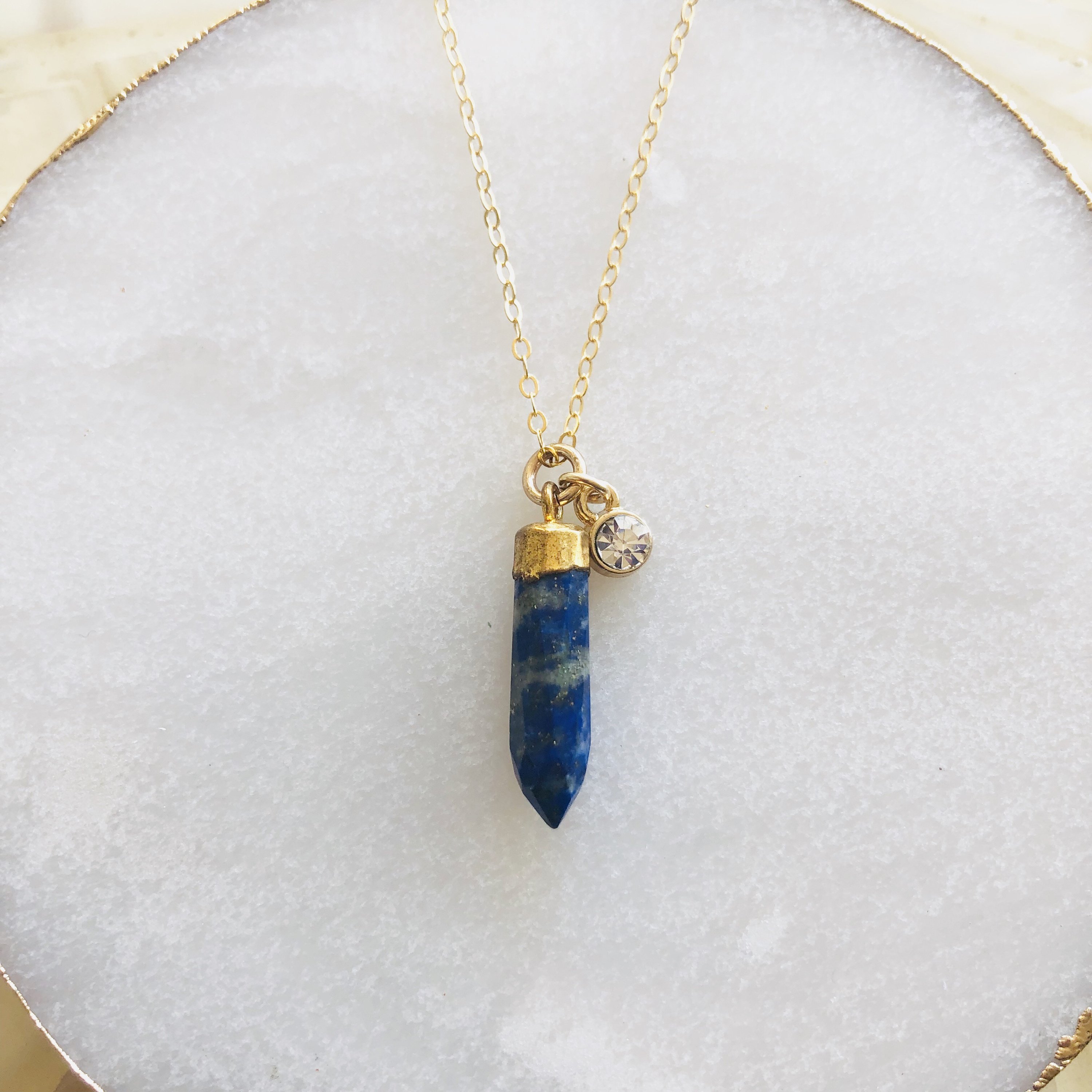 Sparkling Lapis Lazuli Pendulum Necklace with gold-filled cable chain, showcasing a hand-cut lapis lazuli pendant.