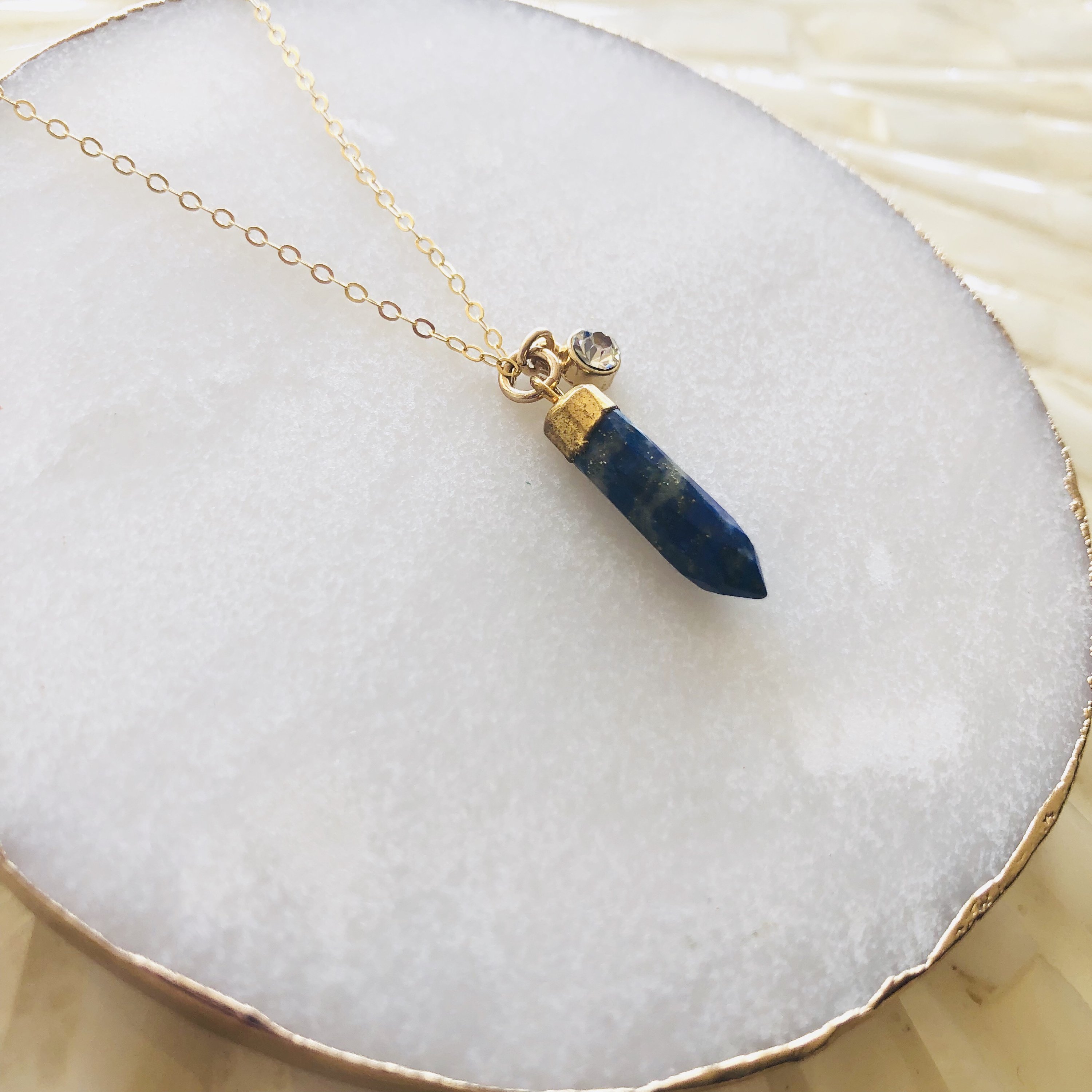 Sparkling Lapis Lazuli Pendulum Necklace with gold-filled cable chain, showcasing a hand-cut lapis lazuli pendant.