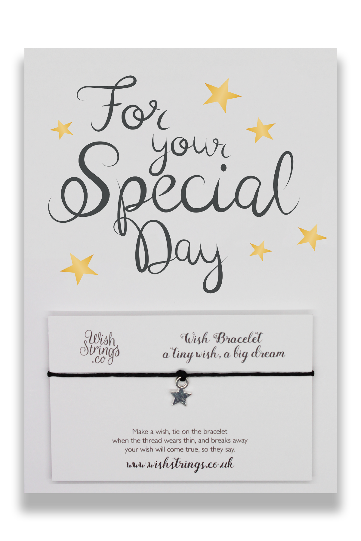 SPECIAL DAY WishStrings Greeting Card featuring a detachable wish bracelet and Tibetan Silver charm, elegantly packaged.