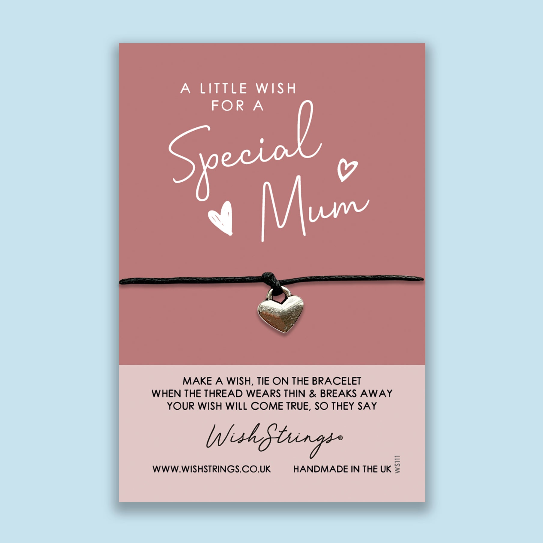 Special Mum Wish Bracelet featuring a heart star-shaped charm on a knotted waxed cotton cord, presented with an inspirational wish card.