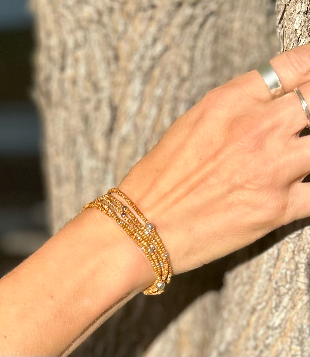 Speckled Tan & Silver-Sprinkled Beaded Boho Wrap Bracelet showcasing Czech glass seed beads with metallic silver accents.